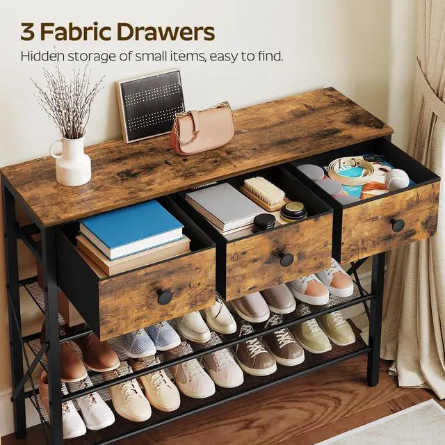 Alt view image 4 of 7 - YATINEY 4-Tier Shoe Rack with 3 Drawers, Metal Shoe Organizer for 15 Pairs with Storage Shelves and Wooden Top, for Entryway, Hallway, Foyer, Closet, Rustic Brown and Black SS34BR