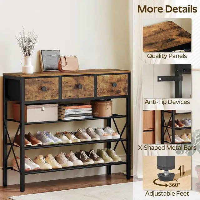 Alt view image 7 of 7 - YATINEY 4-Tier Shoe Rack with 3 Drawers, Metal Shoe Organizer for 15 Pairs with Storage Shelves and Wooden Top, for Entryway, Hallway, Foyer, Closet, Rustic Brown and Black SS34BR
