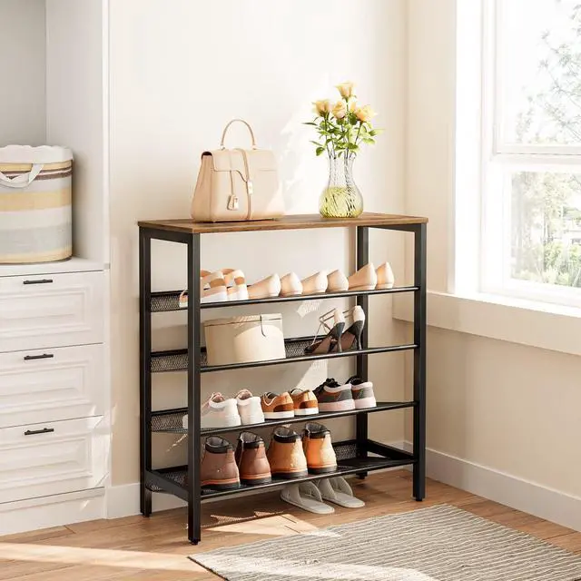 Alt view image 3 of 7 - HOOBRO Shoe Rack, 5-Tier Shoe Storage Unit Flat & Slant Adjustable Shoe Organizer Shelf for 16 Pairs, Durable and Stable, for Entryway, Hallway, Closet, Dorm Room, Industrial, Rustic Brown BF01XJ01