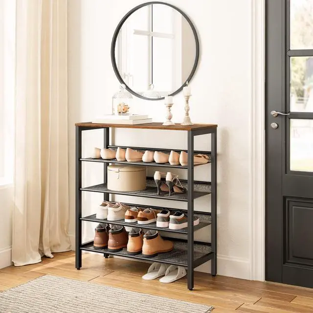 Alt view image 2 of 7 - HOOBRO Shoe Rack, 5-Tier Shoe Storage Unit Flat & Slant Adjustable Shoe Organizer Shelf for 16 Pairs, Durable and Stable, for Entryway, Hallway, Closet, Dorm Room, Industrial, Rustic Brown BF01XJ01