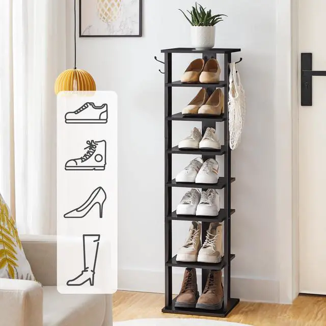 Alt view image 2 of 7 - HOOBRO 8 Tiers Vertical Shoe Rack, Wooden Shoe Storage Organizer with Hooks, Narrow Shoe Tower for 8 Pairs, Space Saving, for Entryway, Living Room, Bedroom, Black BK07XJ01