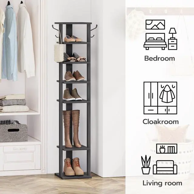 Alt view image 3 of 7 - HOOBRO 8 Tiers Vertical Shoe Rack, Wooden Shoe Storage Organizer with Hooks, Narrow Shoe Tower for 8 Pairs, Space Saving, for Entryway, Living Room, Bedroom, Black BK07XJ01