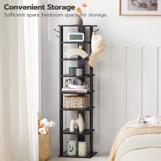 Alt view image 4 of 7 - HOOBRO 8 Tiers Vertical Shoe Rack, Wooden Shoe Storage Organizer with Hooks, Narrow Shoe Tower for 8 Pairs, Space Saving, for Entryway, Living Room, Bedroom, Black BK07XJ01