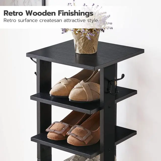 Alt view image 5 of 7 - HOOBRO 8 Tiers Vertical Shoe Rack, Wooden Shoe Storage Organizer with Hooks, Narrow Shoe Tower for 8 Pairs, Space Saving, for Entryway, Living Room, Bedroom, Black BK07XJ01