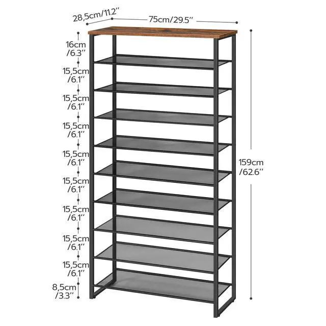 Alt view image 2 of 7 - HOOBRO 10-Tier Shoe Rack for Entryway, 29.5" L Shoe Storage Organizer, Large Capacity Shoe Shelf for Closet, Front Door Entrance, Hallway, Holds 36-40 Pairs of Shoes, Rustic Brown and Black BF107XJ01