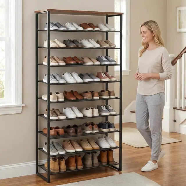 Alt view image 3 of 7 - HOOBRO 10-Tier Shoe Rack for Entryway, 29.5" L Shoe Storage Organizer, Large Capacity Shoe Shelf for Closet, Front Door Entrance, Hallway, Holds 36-40 Pairs of Shoes, Rustic Brown and Black BF107XJ01