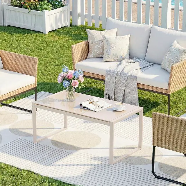 Main image of ONBRILL Rectangle Coffee Table with Tempered Glass Desktop, Galvanized Frame Outdoor Coffee Table with Adjustable Feet for Patio, Balcony, Deck, Living Room, Sand