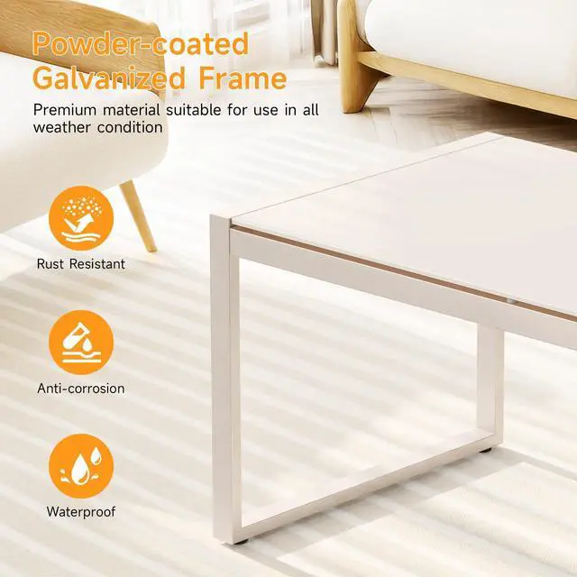 Alt view image 3 of 7 - ONBRILL Rectangle Coffee Table with Tempered Glass Desktop, Galvanized Frame Outdoor Coffee Table with Adjustable Feet for Patio, Balcony, Deck, Living Room, Sand