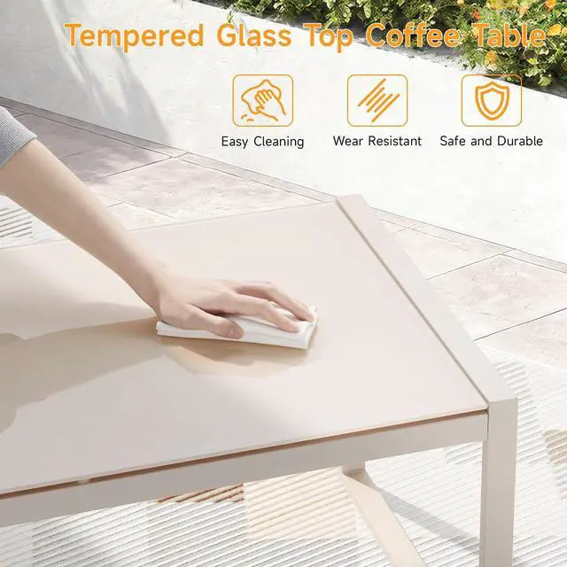 Alt view image 4 of 7 - ONBRILL Rectangle Coffee Table with Tempered Glass Desktop, Galvanized Frame Outdoor Coffee Table with Adjustable Feet for Patio, Balcony, Deck, Living Room, Sand