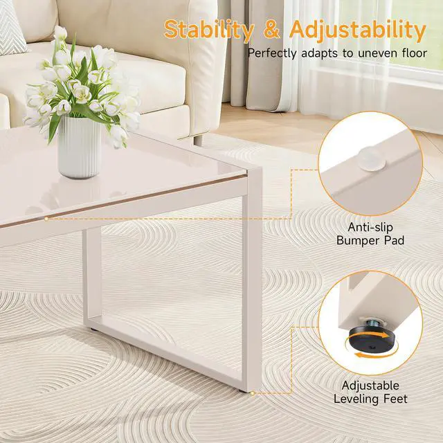Alt view image 5 of 7 - ONBRILL Rectangle Coffee Table with Tempered Glass Desktop, Galvanized Frame Outdoor Coffee Table with Adjustable Feet for Patio, Balcony, Deck, Living Room, Sand
