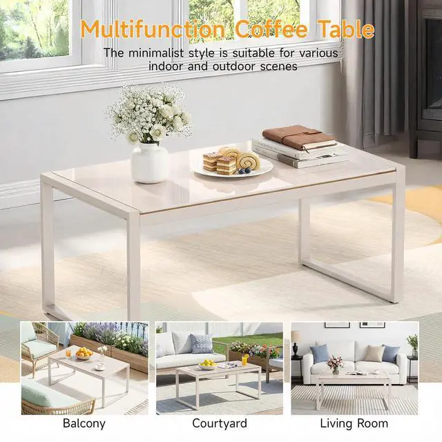 Alt view image 6 of 7 - ONBRILL Rectangle Coffee Table with Tempered Glass Desktop, Galvanized Frame Outdoor Coffee Table with Adjustable Feet for Patio, Balcony, Deck, Living Room, Sand