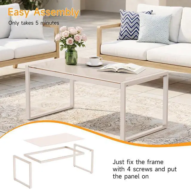 Alt view image 7 of 7 - ONBRILL Rectangle Coffee Table with Tempered Glass Desktop, Galvanized Frame Outdoor Coffee Table with Adjustable Feet for Patio, Balcony, Deck, Living Room, Sand