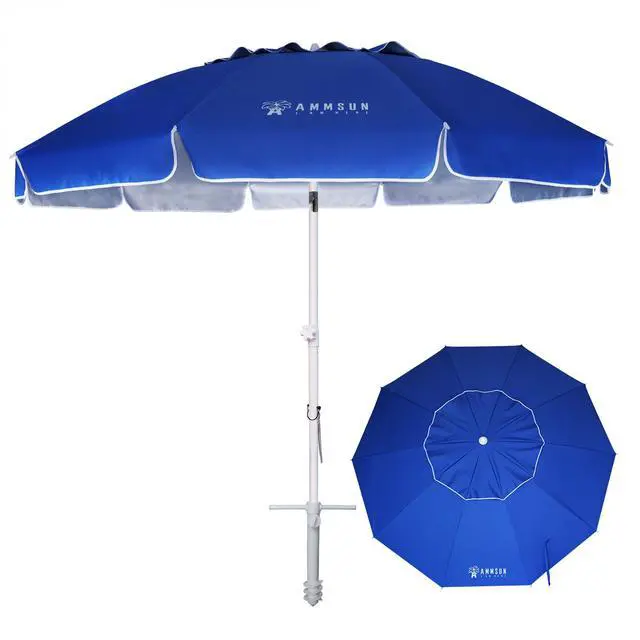Main image of AMMSUN 8 Feet Large Beach Umbrella with Sand Anchor Heavy Duty High Wind Portable Outdoor Umbrellas UPF 50+ Protection Air Vent Tilt Patio Garden Pool Blue