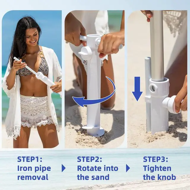Alt view image 4 of 7 - AMMSUN 8 Feet Large Beach Umbrella with Sand Anchor Heavy Duty High Wind Portable Outdoor Umbrellas UPF 50+ Protection Air Vent Tilt Patio Garden Pool Blue
