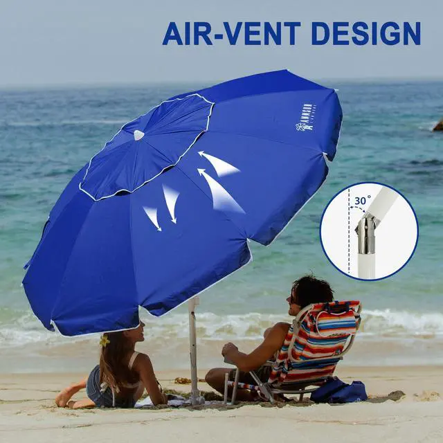 Alt view image 3 of 7 - AMMSUN 8 Feet Large Beach Umbrella with Sand Anchor Heavy Duty High Wind Portable Outdoor Umbrellas UPF 50+ Protection Air Vent Tilt Patio Garden Pool Blue