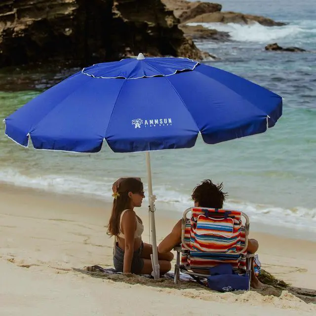 Alt view image 5 of 7 - AMMSUN 8 Feet Large Beach Umbrella with Sand Anchor Heavy Duty High Wind Portable Outdoor Umbrellas UPF 50+ Protection Air Vent Tilt Patio Garden Pool Blue