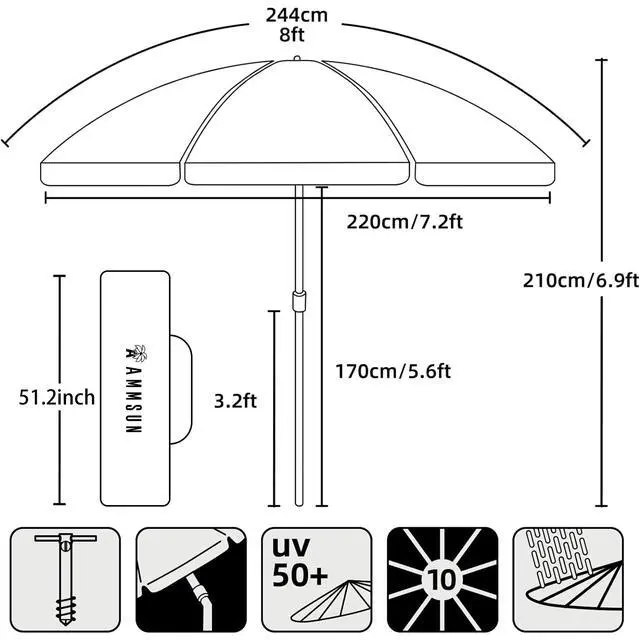 Alt view image 6 of 7 - AMMSUN 8 Feet Large Beach Umbrella with Sand Anchor Heavy Duty High Wind Portable Outdoor Umbrellas UPF 50+ Protection Air Vent Tilt Patio Garden Pool Blue