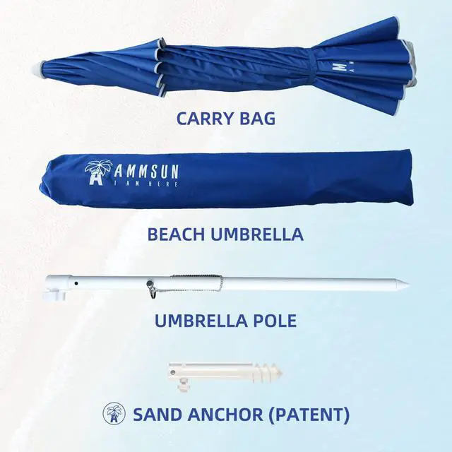 Alt view image 7 of 7 - AMMSUN 8 Feet Large Beach Umbrella with Sand Anchor Heavy Duty High Wind Portable Outdoor Umbrellas UPF 50+ Protection Air Vent Tilt Patio Garden Pool Blue