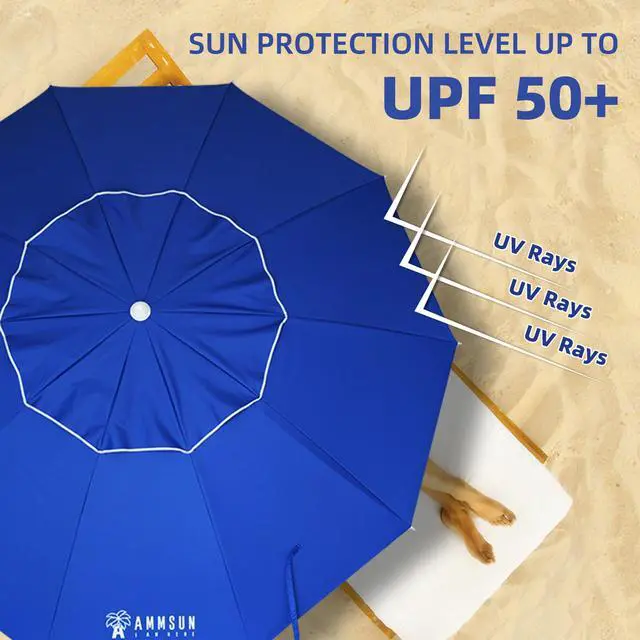 Alt view image 2 of 7 - AMMSUN 8 Feet Large Beach Umbrella with Sand Anchor Heavy Duty High Wind Portable Outdoor Umbrellas UPF 50+ Protection Air Vent Tilt Patio Garden Pool Blue