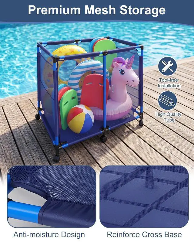 Alt view image 3 of 6 - Pool Storage Bin Cart, Rolling Pool Storage Organizer Nylon Mesh Basket for Goggles, Floats, Balls and Floats Equipment (Regular Bin)