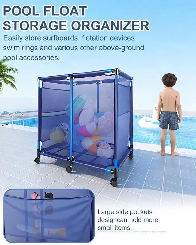 Alt view image 4 of 6 - Pool Storage Bin Cart, Rolling Pool Storage Organizer Nylon Mesh Basket for Goggles, Floats, Balls and Floats Equipment (Regular Bin)