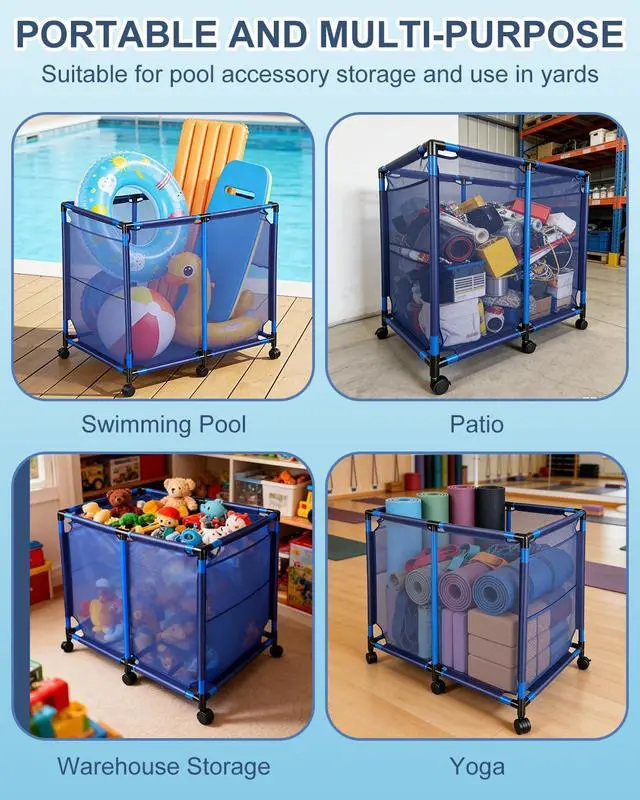 Alt view image 6 of 6 - Pool Storage Bin Cart, Rolling Pool Storage Organizer Nylon Mesh Basket for Goggles, Floats, Balls and Floats Equipment (Regular Bin)