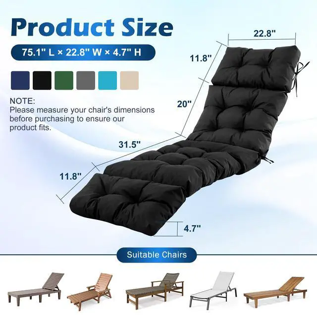Alt view image 2 of 6 - Chaise Lounge Cushions Outdoor, Waterproof & Fade Resistant Patio Lounge Chair Cushions for Outdoor Furniture, Chaise Cushion with Ties for Patio, Pool, Lawn and Beach, 75.1x22.8x4.7 Inch, Black