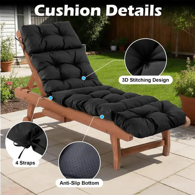 Alt view image 4 of 6 - Chaise Lounge Cushions Outdoor, Waterproof & Fade Resistant Patio Lounge Chair Cushions for Outdoor Furniture, Chaise Cushion with Ties for Patio, Pool, Lawn and Beach, 75.1x22.8x4.7 Inch, Black