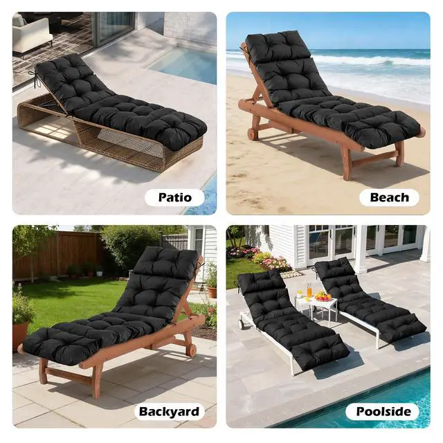 Alt view image 6 of 6 - Chaise Lounge Cushions Outdoor, Waterproof & Fade Resistant Patio Lounge Chair Cushions for Outdoor Furniture, Chaise Cushion with Ties for Patio, Pool, Lawn and Beach, 75.1x22.8x4.7 Inch, Black