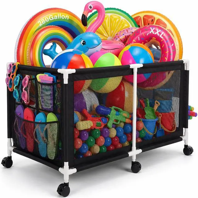 Main image of 280 Gallon 69" Pool Storage Bin XXL Extra Large Swimming Pool Float Storage Bin, Pool Noodles Holder, Toys, Floats, Balls and Floats Equipment Mesh Rolling Bin for Garden Lawn, 69" Lx32 Wx35 H (Black)
