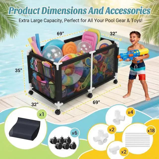 Alt view image 2 of 7 - 280 Gallon 69" Pool Storage Bin XXL Extra Large Swimming Pool Float Storage Bin, Pool Noodles Holder, Toys, Floats, Balls and Floats Equipment Mesh Rolling Bin for Garden Lawn, 69" Lx32 Wx35 H (Black)