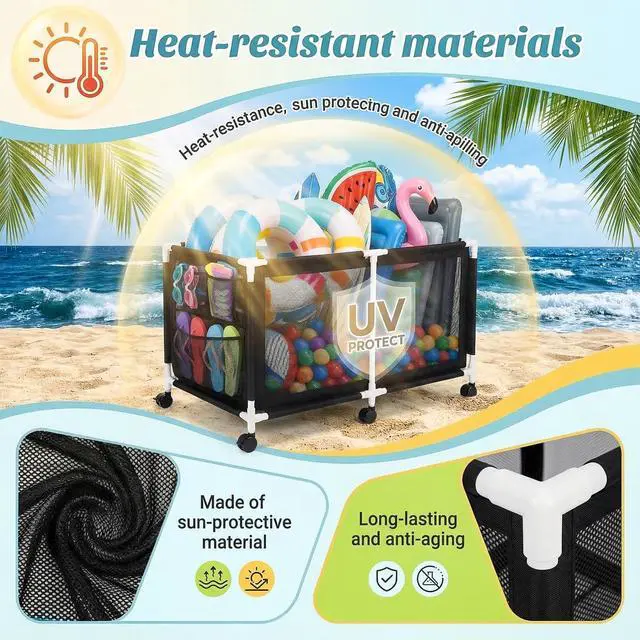 Alt view image 5 of 7 - 280 Gallon 69" Pool Storage Bin XXL Extra Large Swimming Pool Float Storage Bin, Pool Noodles Holder, Toys, Floats, Balls and Floats Equipment Mesh Rolling Bin for Garden Lawn, 69" Lx32 Wx35 H (Black)
