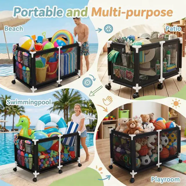 Alt view image 6 of 7 - 280 Gallon 69" Pool Storage Bin XXL Extra Large Swimming Pool Float Storage Bin, Pool Noodles Holder, Toys, Floats, Balls and Floats Equipment Mesh Rolling Bin for Garden Lawn, 69" Lx32 Wx35 H (Black)