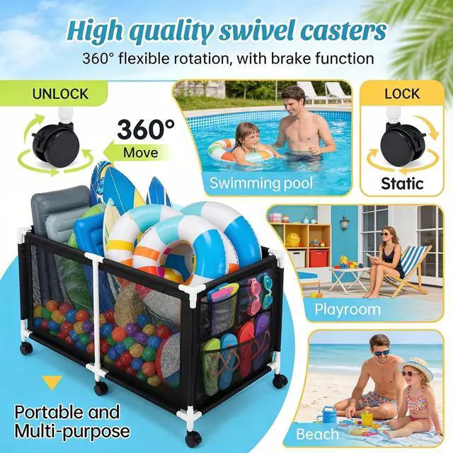 Alt view image 4 of 7 - 280 Gallon 69" Pool Storage Bin XXL Extra Large Swimming Pool Float Storage Bin, Pool Noodles Holder, Toys, Floats, Balls and Floats Equipment Mesh Rolling Bin for Garden Lawn, 69" Lx32 Wx35 H (Black)