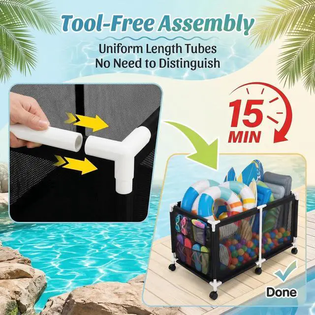 Alt view image 7 of 7 - 280 Gallon 69" Pool Storage Bin XXL Extra Large Swimming Pool Float Storage Bin, Pool Noodles Holder, Toys, Floats, Balls and Floats Equipment Mesh Rolling Bin for Garden Lawn, 69" Lx32 Wx35 H (Black)