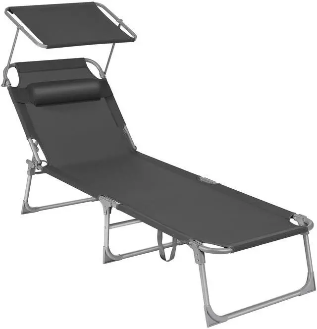 Main image of SONGMICS Sun Lounger, Patio Chaise Lounge Chair, Folding, with Canopy, 76 x 20.9 x 11.4 Inches, Holds 330 lb, Headrest, Adjustable Backrest, Outdoor Garden Pool, Dark Gray UGCB19UV1