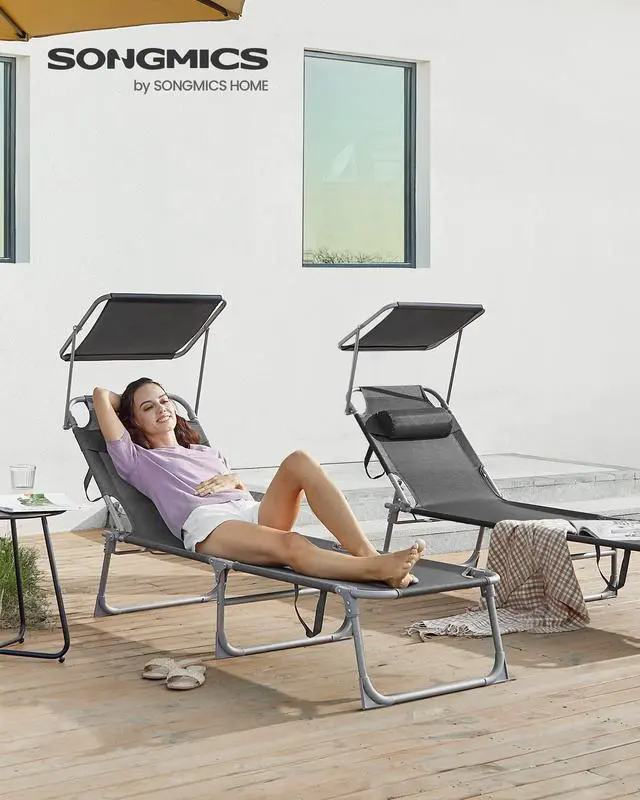 Alt view image 2 of 7 - SONGMICS Sun Lounger, Patio Chaise Lounge Chair, Folding, with Canopy, 76 x 20.9 x 11.4 Inches, Holds 330 lb, Headrest, Adjustable Backrest, Outdoor Garden Pool, Dark Gray UGCB19UV1