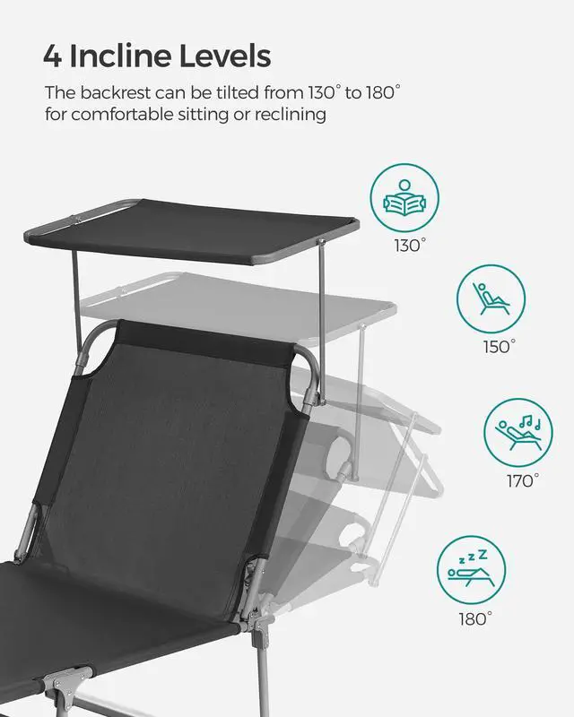 Alt view image 3 of 7 - SONGMICS Sun Lounger, Patio Chaise Lounge Chair, Folding, with Canopy, 76 x 20.9 x 11.4 Inches, Holds 330 lb, Headrest, Adjustable Backrest, Outdoor Garden Pool, Dark Gray UGCB19UV1