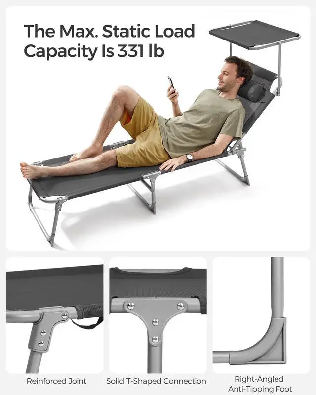 Alt view image 6 of 7 - SONGMICS Sun Lounger, Patio Chaise Lounge Chair, Folding, with Canopy, 76 x 20.9 x 11.4 Inches, Holds 330 lb, Headrest, Adjustable Backrest, Outdoor Garden Pool, Dark Gray UGCB19UV1