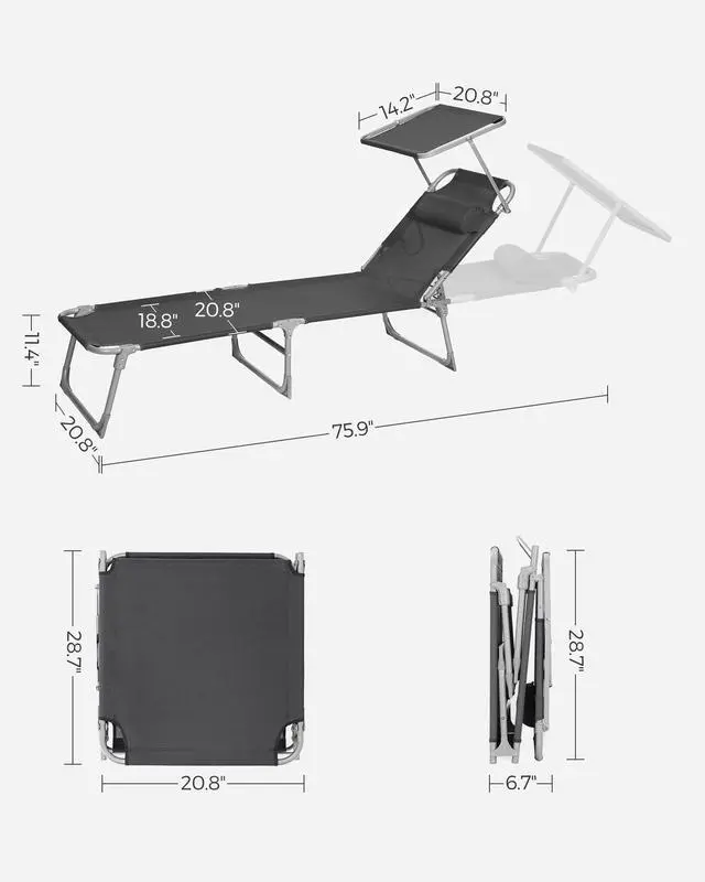 Alt view image 7 of 7 - SONGMICS Sun Lounger, Patio Chaise Lounge Chair, Folding, with Canopy, 76 x 20.9 x 11.4 Inches, Holds 330 lb, Headrest, Adjustable Backrest, Outdoor Garden Pool, Dark Gray UGCB19UV1