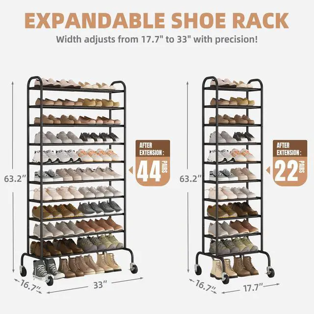 Alt view image 2 of 7 - STORAGE MANIAC 10-Tier Expandable Shoe Rack, 44 Pairs Tall Vertical Shoe Rack, Heavy-Duty Metal Adjustable Shoes Organizer for Closet, Entryway, Hallway, Garage, Front Door, Shoes Shelves, Black