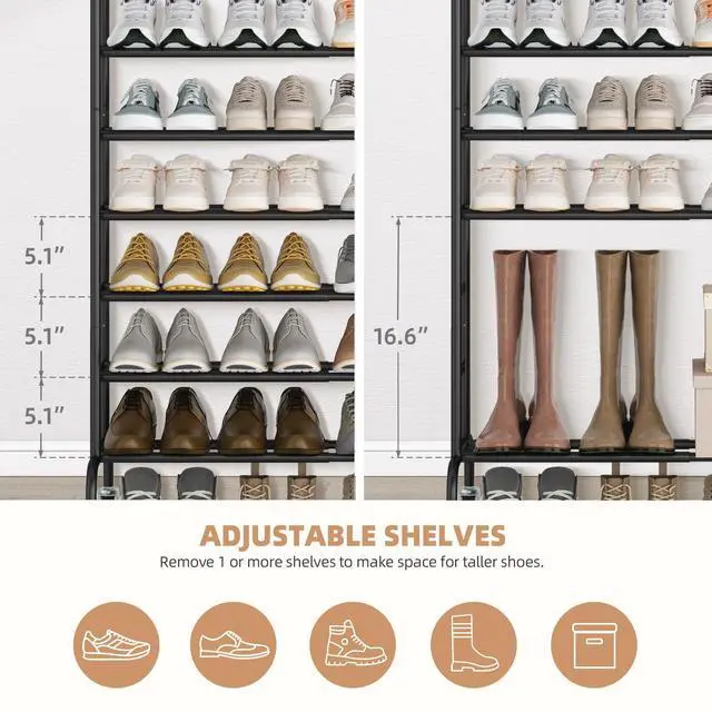 Alt view image 3 of 7 - STORAGE MANIAC 10-Tier Expandable Shoe Rack, 44 Pairs Tall Vertical Shoe Rack, Heavy-Duty Metal Adjustable Shoes Organizer for Closet, Entryway, Hallway, Garage, Front Door, Shoes Shelves, Black