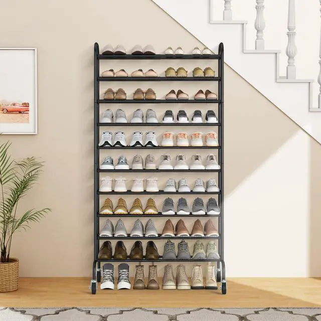 Alt view image 7 of 7 - STORAGE MANIAC 10-Tier Expandable Shoe Rack, 44 Pairs Tall Vertical Shoe Rack, Heavy-Duty Metal Adjustable Shoes Organizer for Closet, Entryway, Hallway, Garage, Front Door, Shoes Shelves, Black