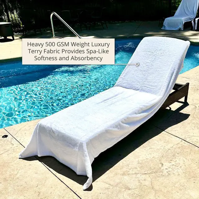 Alt view image 5 of 7 - ARLU HOME Large Luxury Chaise Pool/Lounge Chair Cover Towel - Fitted Elastic Pocket Won't Slide (White) Versatile Size Pocket Fits Most Standard Cushions. Protective, Absorbent, Easy Care