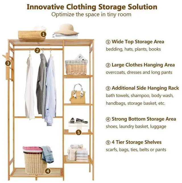 Alt view image 2 of 7 - Ufine Bamboo Garment Rack 6 Tier Storage Shelves Clothes Hanging Stand with Side Hooks, Heavy Duty Clothing Rack Portable Wardrobe Closet Organizer
