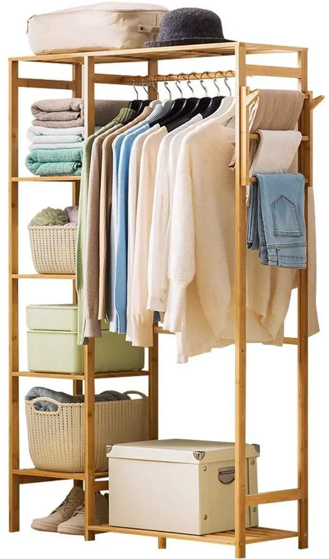 Main image of Ufine Bamboo Garment Rack 6 Tier Storage Shelves Clothes Hanging Stand with Side Hooks, Heavy Duty Clothing Rack Portable Wardrobe Closet Organizer