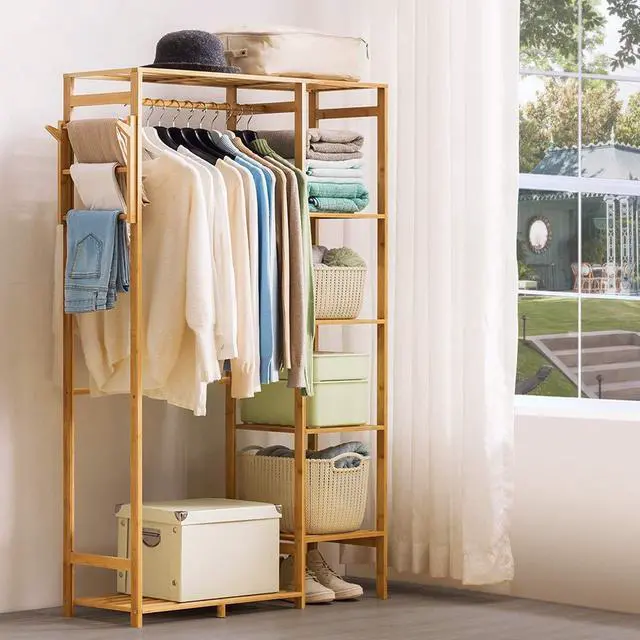 Alt view image 3 of 7 - Ufine Bamboo Garment Rack 6 Tier Storage Shelves Clothes Hanging Stand with Side Hooks, Heavy Duty Clothing Rack Portable Wardrobe Closet Organizer