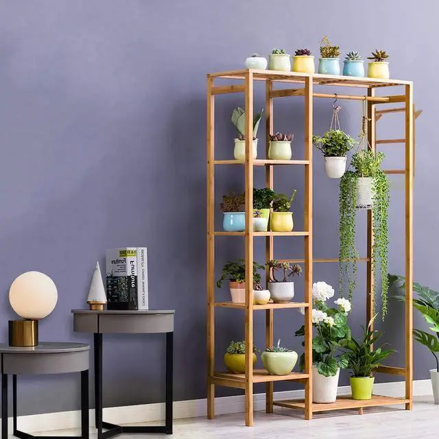 Alt view image 4 of 7 - Ufine Bamboo Garment Rack 6 Tier Storage Shelves Clothes Hanging Stand with Side Hooks, Heavy Duty Clothing Rack Portable Wardrobe Closet Organizer