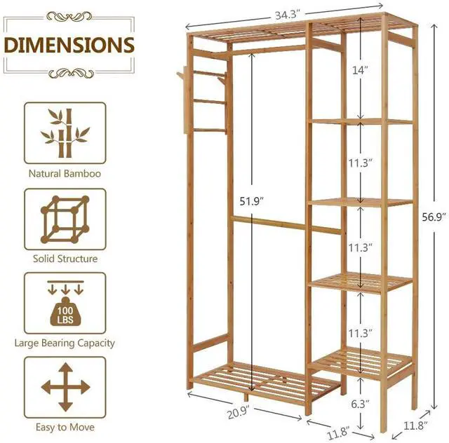 Alt view image 5 of 7 - Ufine Bamboo Garment Rack 6 Tier Storage Shelves Clothes Hanging Stand with Side Hooks, Heavy Duty Clothing Rack Portable Wardrobe Closet Organizer