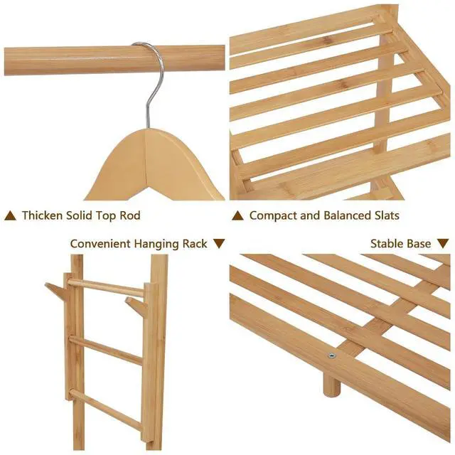 Alt view image 7 of 7 - Ufine Bamboo Garment Rack 6 Tier Storage Shelves Clothes Hanging Stand with Side Hooks, Heavy Duty Clothing Rack Portable Wardrobe Closet Organizer